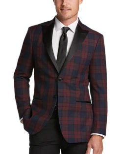 After Hours Slim Fit Satin Peak Lapel Dinner Jacket, Red Tartan Plaid