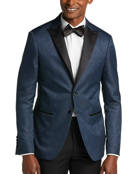 After Hours Slim Fit Satin Peak Lapel Dinner Jacket, Blue Paisley 1 After Hours Slim Fit Satin Peak Lapel Dinner Jacket, Blue Paisley