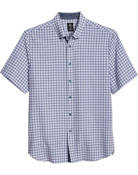 Michael Strahan Modern Fit 4-Way Stretch Short Sleeve Sport Shirt, Blue & White Check 1 Michael Strahan Modern Fit 4-Way Stretch Short Sleeve Sport Shirt, Blue & White Check
