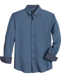 Michael Strahan Modern Fit Button-Down Collar Four-Way Stretch Sport Shirt, Navy Mesh Netting Print