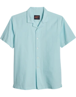 Egara Slim Fit Seersucker Short Sleeve Sport Shirt, Aqua Tonal Stripe