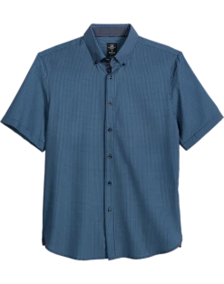 Michael Strahan Modern Fit Short Sleeve Sport Shirt, Navy Check 3-D Check