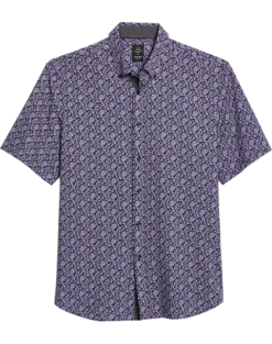 Michael Strahan Modern Fit 4-Way Stretch Short Sleeve Sport Shirt, Navy & Wine Floral