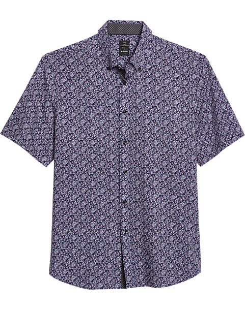 Michael Strahan Modern Fit 4-Way Stretch Short Sleeve Sport Shirt, Navy & Wine Floral 1 Michael Strahan Modern Fit 4-Way Stretch Short Sleeve Sport Shirt, Navy & Wine Floral