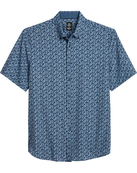 Michael Strahan Modern Fit 4-Way Stretch Short Sleeve Sport Shirt, Navy & Blue Floral 1 Michael Strahan Modern Fit 4-Way Stretch Short Sleeve Sport Shirt, Navy & Blue Floral